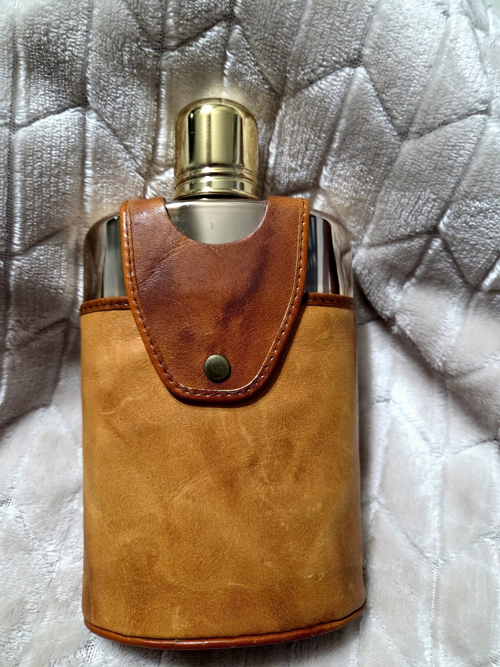 Vintage SWANK Tan and Brown Leather Wrapped Flask with Gold Cap- 1950-60's